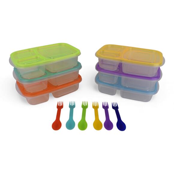 3-Compartment Bento Lunch Box – Set of 6 BPA-Free Containers / Lids & Utensils - Picture 1 of 7